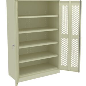 A beige metal storage cabinet with five shelves and one door open. The open door features a diamond-patterned mesh design, allowing visibility into the cabinet interior. The exterior has a smooth, flat finish.