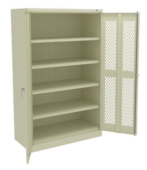 A beige metal storage cabinet with five shelves and one door open. The open door features a diamond-patterned mesh design, allowing visibility into the cabinet interior. The exterior has a smooth, flat finish.