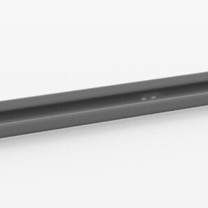 A long, gray metal beam is laying horizontally against a plain white background. The beam has a simple, straight design, with slight grooves along its length.