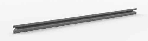 A long, gray metal beam is laying horizontally against a plain white background. The beam has a simple, straight design, with slight grooves along its length.
