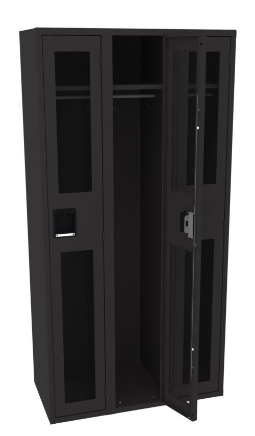A black metal locker with two compartments, one with a door open and the other closed. The compartments have transparent sections on the doors, and each has a hanging rod inside. The locker is standing against a plain background.