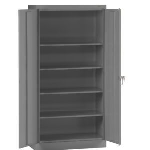A tall, gray metal storage cabinet with two open doors, revealing five adjustable shelves. The cabinet is empty and has a lock mechanism on the right door.