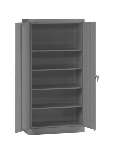 A tall, gray metal storage cabinet with two open doors, revealing five adjustable shelves. The cabinet is empty and has a lock mechanism on the right door.