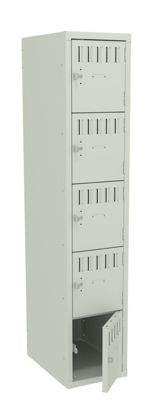 ugynk2dtv00c9dfycrv9.jpg A tall, beige locker unit with five vertically stacked compartments, each with a lock and ventilation slots. The bottom compartments door is slightly open.