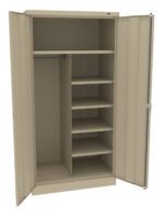 Open beige metal storage cabinet with double doors. Left side has a hanging rod, and right side features five adjustable shelves. No items inside.
