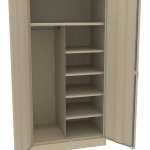 Open beige metal storage cabinet with double doors. Left side has a hanging rod, and right side features five adjustable shelves. No items inside.