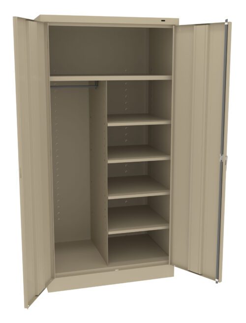 Open beige metal storage cabinet with double doors. Left side has a hanging rod, and right side features five adjustable shelves. No items inside.