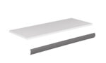A white rectangular shelf is displayed above a metallic gray bracket, both on a plain white background. The shelf is meant to rest on the bracket for support when mounted.