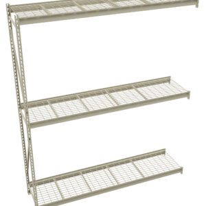 A metal wire shelving unit with three tiers. Each shelf is supported by a vertical frame on one side, creating open space for storage. The shelves are made of a grid pattern, and the entire unit is gray in color.