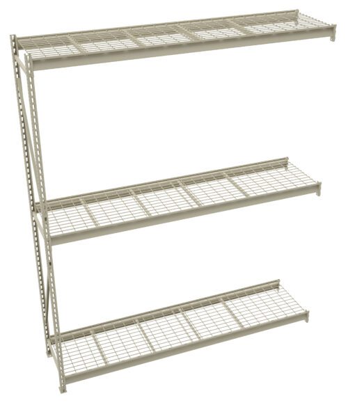 ui87g6pcatbs1zwodhai.jpg A metal wire shelving unit with three tiers. Each shelf is supported by a vertical frame on one side, creating open space for storage. The shelves are made of a grid pattern, and the entire unit is gray in color.