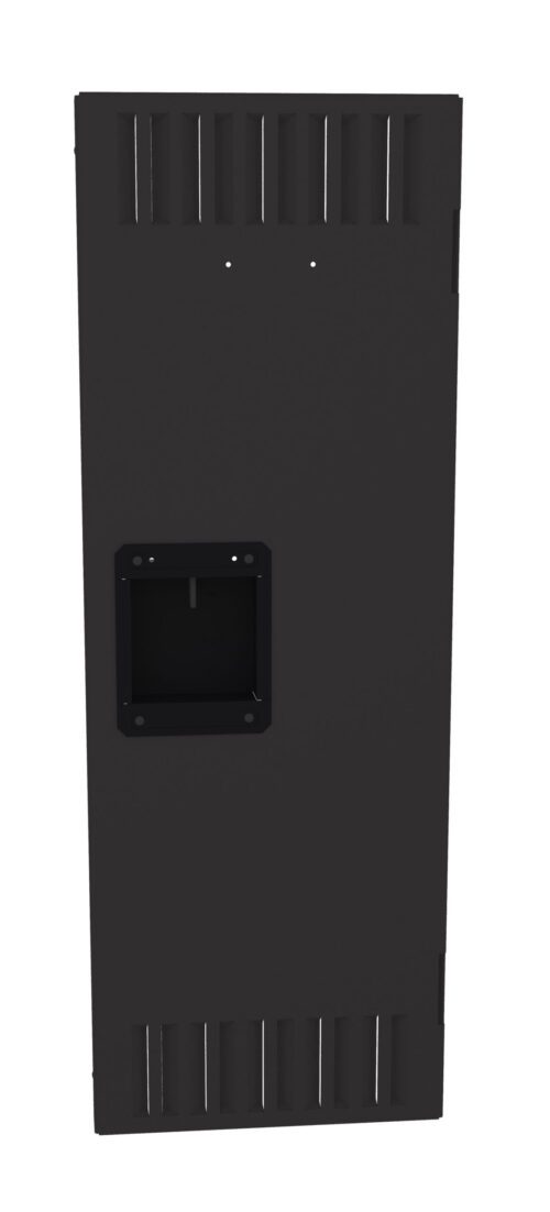 A tall, black, rectangular metal panel with ventilation slits at the top and bottom. Theres a small rectangular cutout in the middle area, likely for a handle or access point.
