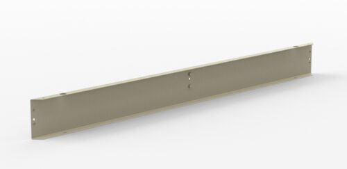 A long, rectangular metal bracket with multiple bolt holes and a light beige finish, resting on a white surface. The bracket is slightly angled towards the viewer, displaying its uniform thickness and smooth texture.