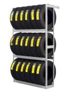 A metal rack holding three rows of tires, each with a yellow sticker. The rack is sturdy with a silver finish, neatly organizing the tires in a vertical arrangement. The background is plain white.