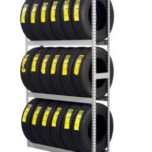 A metal rack holding three rows of tires, each with a yellow sticker. The rack is sturdy with a silver finish, neatly organizing the tires in a vertical arrangement. The background is plain white.