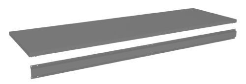 uiwrnmkallrxuovxbsfo.jpg Gray rectangular metal shelf with a separate support bar below. The shelf has a simple, minimalist design and is viewed against a plain white background.