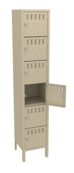 A light beige metal locker, reminiscent of parcel lockers, features five stacked compartments. While four compartments are securely closed, the middle one is open, showcasing an empty space. The locker stands gracefully on short legs.