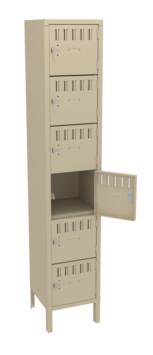 A light beige metal locker, reminiscent of parcel lockers, features five stacked compartments. While four compartments are securely closed, the middle one is open, showcasing an empty space. The locker stands gracefully on short legs.