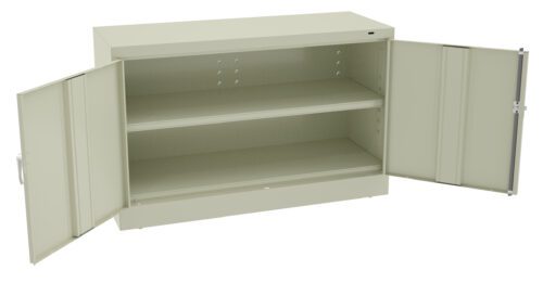 A large, light gray metal cabinet with two open doors revealing two shelves. The cabinet is rectangular and appears to be industrial or office storage furniture.