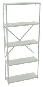 Tall, metal shelving unit with six adjustable shelves and a cross-brace for stability. The shelf is empty and has a simple design, suitable for storage in a garage, warehouse, or office.