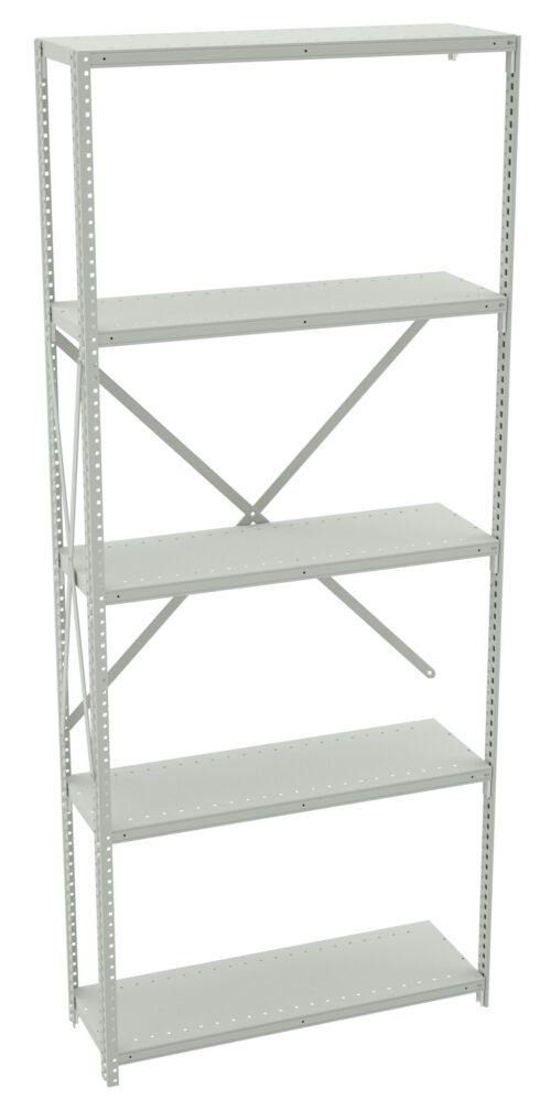 Tall, metal shelving unit with six adjustable shelves and a cross-brace for stability. The shelf is empty and has a simple design, suitable for storage in a garage, warehouse, or office.
