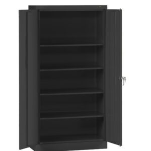 A tall, open, black metal cabinet with two doors and a lock. It has five shelves inside, providing ample storage space. The cabinet is empty and set against a plain white background.
