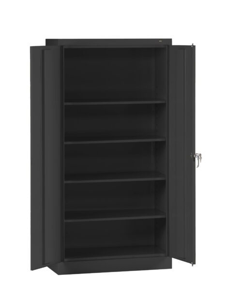 ujuhhntaij0iod7cgnwi.jpg A tall, open, black metal cabinet with two doors and a lock. It has five shelves inside, providing ample storage space. The cabinet is empty and set against a plain white background.