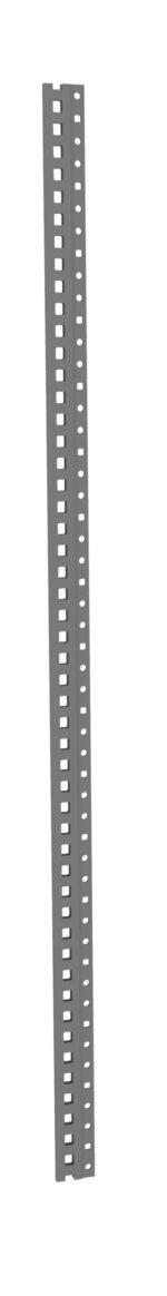 A tall, vertical, gray metal rail with evenly spaced rectangular cutouts along its length.