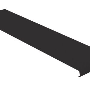 A long, flat, black metal bracket with a slight bend at one end and a small hole for mounting. The surface appears smooth and uniform in color.