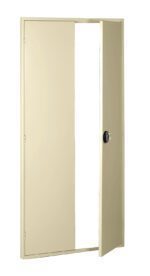 Partially open beige door with a metal knob reveals a white space beyond, reminiscent of the clean lines of Tennsco Shelving. The door stands elegantly against a plain white backdrop.