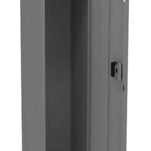 A tall, gray metal locker with a single door open, revealing an empty interior. Inside, there is a horizontal rod near the top for hanging items. The locker features a vented design at the top and bottom of the door.