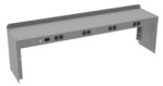 A gray, rectangular metal bracket with a rolled edge at the top and several circular cutouts along the front face, commonly used for cable management or supporting electronic equipment under desks.