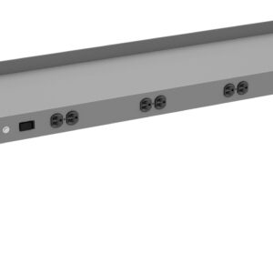 A gray, rectangular metal bracket with a rolled edge at the top and several circular cutouts along the front face, commonly used for cable management or supporting electronic equipment under desks.
