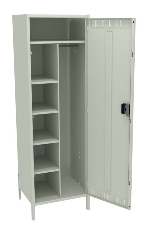 A tall, light green metal locker with one open door. The interior features five shelves on the left and a vertical space with a rod for hanging clothes on the right. The locker stands on short legs and has a secure lock on the door.