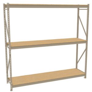 A metal storage rack with three wooden shelves is shown. It has a simple, open-frame design with vertical metal supports and horizontal beams, ideal for organizing and storing items. The shelves are evenly spaced.