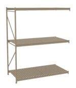 A metal storage rack with three tiers of slatted shelves. The frame is supported by vertical beams with perforations for height adjustment. The structure is open with no back or side panels, suitable for industrial or garage storage.