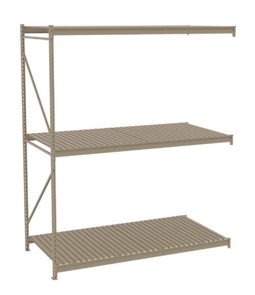 ul4mgieutcmme0cmrrzo.jpg A metal storage rack with three tiers of slatted shelves. The frame is supported by vertical beams with perforations for height adjustment. The structure is open with no back or side panels, suitable for industrial or garage storage.