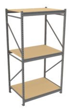 A three-tier, light brown metal shelving unit with a simple, industrial design. The shelves are rectangular and supported by vertical metal beams with holes for adjustable height. The unit is freestanding and empty.