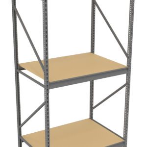 A three-tier, light brown metal shelving unit with a simple, industrial design. The shelves are rectangular and supported by vertical metal beams with holes for adjustable height. The unit is freestanding and empty.