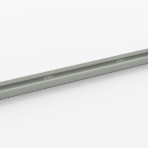 A long, thin, gray metal rail with evenly spaced holes along its length, set against a white background.