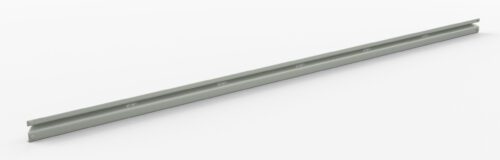 A long, thin, gray metal rail with evenly spaced holes along its length, set against a white background.
