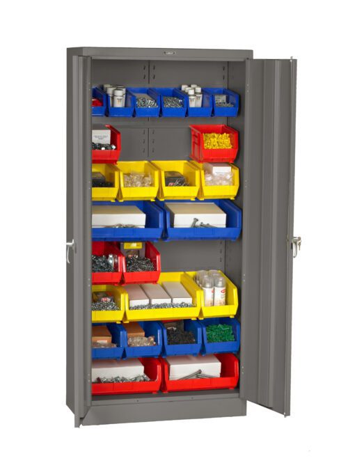 A gray metal cabinet with one door open, revealing shelves filled with assorted small bins. The bins are red, blue, and yellow, containing various hardware items like screws and bolts.