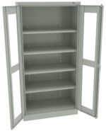 A gray metal storage cabinet with glass doors is open, revealing five adjustable shelves. The shelves are evenly spaced and the cabinet appears empty.