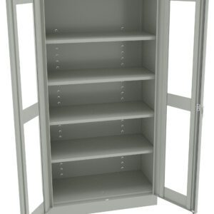 A gray metal storage cabinet with glass doors is open, revealing five adjustable shelves. The shelves are evenly spaced and the cabinet appears empty.