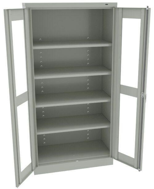 um22oe0fbzrtxvcdvbre.jpg A gray metal storage cabinet with glass doors is open, revealing five adjustable shelves. The shelves are evenly spaced and the cabinet appears empty.