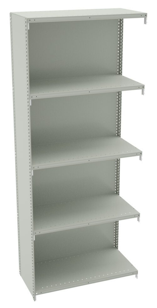 um3cwzortwxpa6u3uh8f.jpg A gray metal shelving unit with five evenly spaced shelves. The design features a simple, utilitarian style with adjustable perforations along the sides, suitable for storage in a variety of settings.