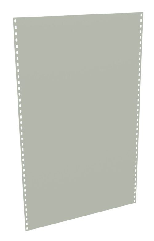 umyfhmo2qnwu4wqgicgk.jpg A sheet of perforated continuous form paper with a light gray color. The holes run vertically along both sides, used traditionally for dot matrix printers and early computer printouts. The paper appears blank and upright.