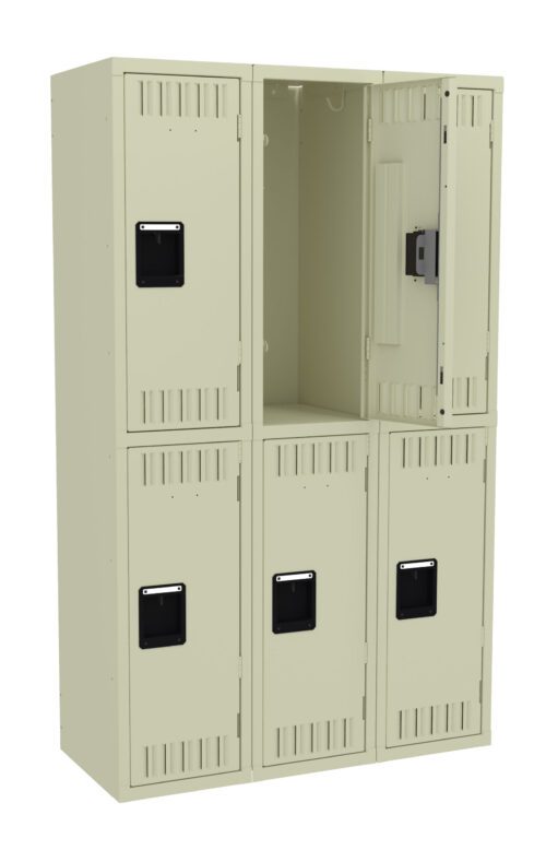 umz8nksqhjnvqhgwikgi.jpg A beige, six-compartment locker unit with two rows. Each locker has a black handle. The top right locker door is open, showing an empty interior. The structure is metallic and designed for storage.