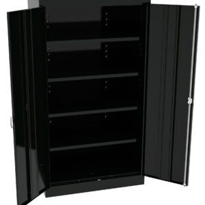 A black metal storage cabinet with its two doors open, revealing four empty shelves inside. The cabinet stands upright, showcasing its spacious interior suitable for organizing various items.