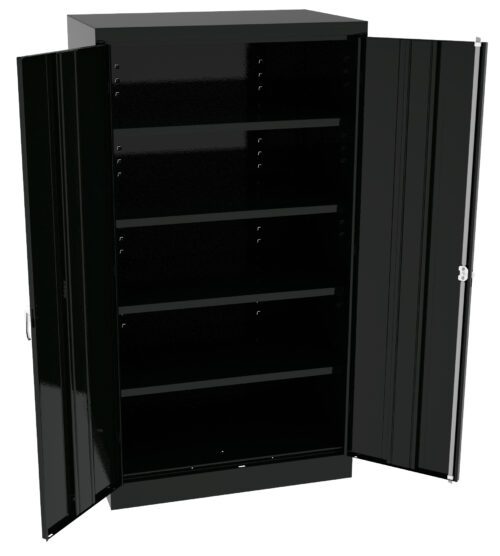un3ixttmljkrr3k9iwzp.jpg A black metal storage cabinet with its two doors open, revealing four empty shelves inside. The cabinet stands upright, showcasing its spacious interior suitable for organizing various items.