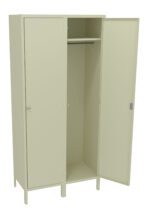 Open beige metal locker with three compartments. The right door is fully open, revealing a hanging rod inside. The left door is closed. The middle section is wider with additional shelving space on top. The locker stands on short legs.